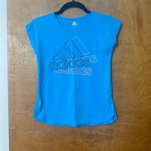 Adidas Girl's Youth Large Drop Shoulder TShirt Sleeveless Logo Graphic Tee Blue